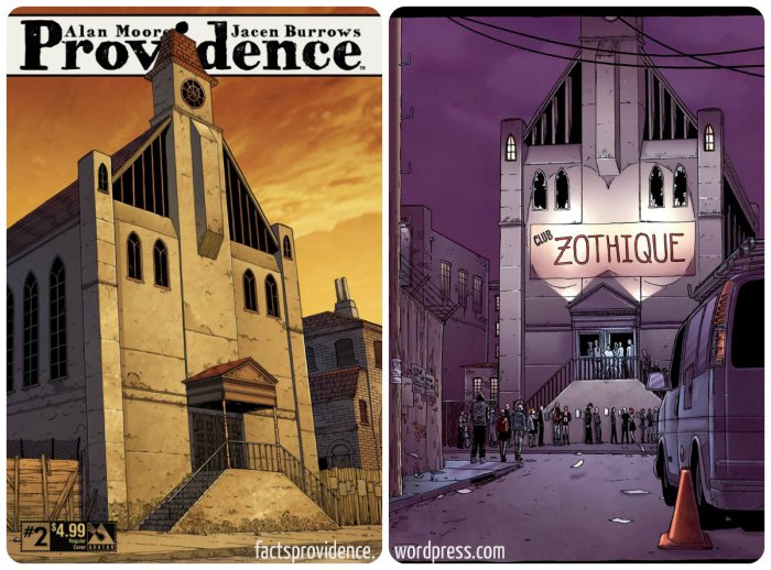 The church on the cover of Providence #2 appears in Courtyard and Neonomicon as Club Zothique. Art by Jacen Burrows